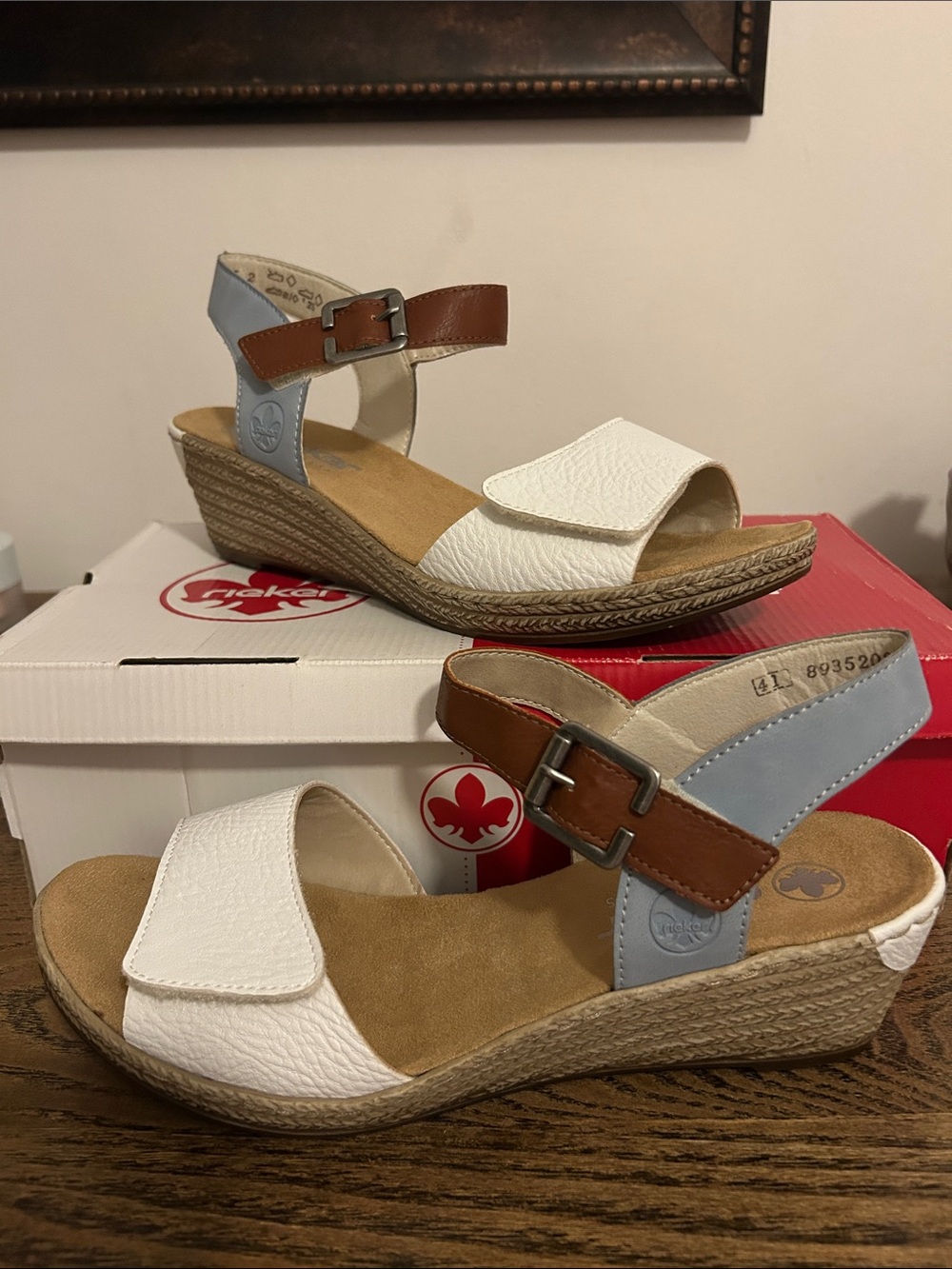Rieker White, Light Blue & Brown Wedge Sandals Size 41/ 9.5-10